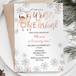 Convite Deer Winter ONEderland Birthday Invite Rosa Dourad