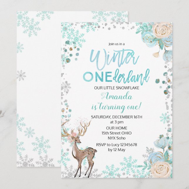 Convite Deer Winter ONEderland Snow Birthday Invite Mint (Frente/Verso)