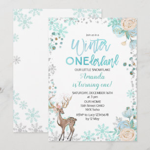 Convite Deer Winter ONEderland Snow Birthday Invite Mint
