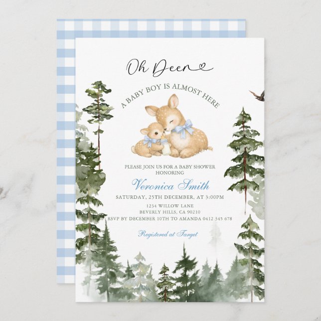 Convite Deer  Woodland Baby Boy Shower Invitation (Frente/Verso)