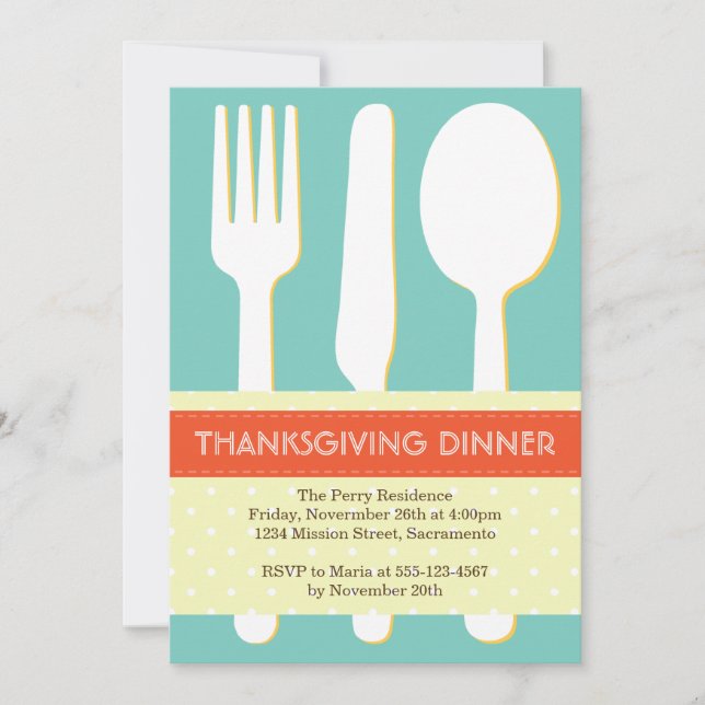 Convite Definição de lugar utensil, azul alaranjado, ação  (Frente)