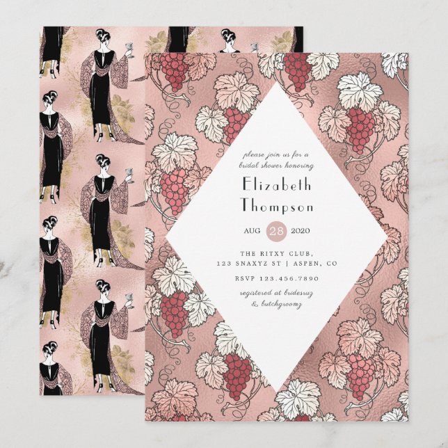 Convite Degustação de Vinho Chá de Noiva em Rose Gold e Bl (Frente/Verso)