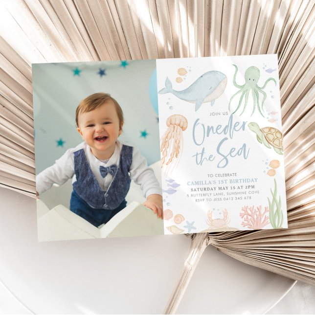 Convite Deite O primeiro aniversario Do Mar Sob A Foto Do  (Oneder The Sea - Under the Sea 1st Birthday Invitation with Photo)