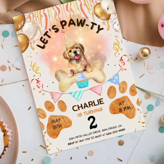 Convite Deixa Pawpy Dog Aquacolor Festa de aniversário (Lets pawty dog birthday watercolor party invitation)