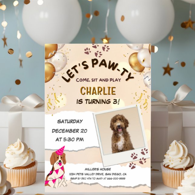 Convite Deixa Pawty Puppy Dog Foto de Festa de aniversário (Lets pawty pets birthday invitation)