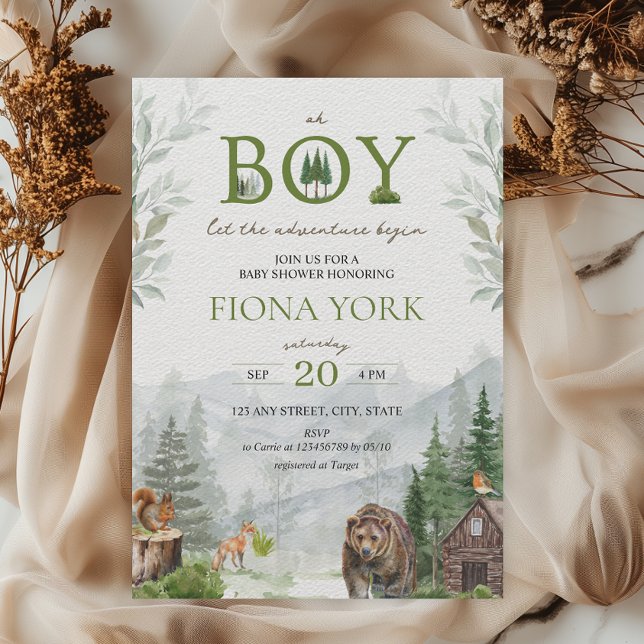 Convite Deixe A Aventura Começar A Montar O Chá de fraldas (Let the adventure begin Woodland Animals Boy Baby Shower Mountains Pine Trees)