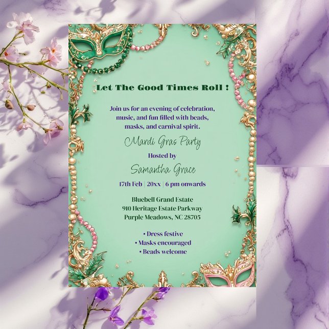 Convite Deixe os Bons Momentos Rolar Máscara de Carnaval d (Let The Good Times Roll Mardi Gras Mask Beads Fun Invitation)