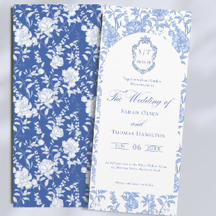 Convite Delft Azul Floral Chinoiserie Monograma Casamento
