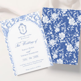 Convite Delft Blue Floral Chinoiserie Monogram Wedding