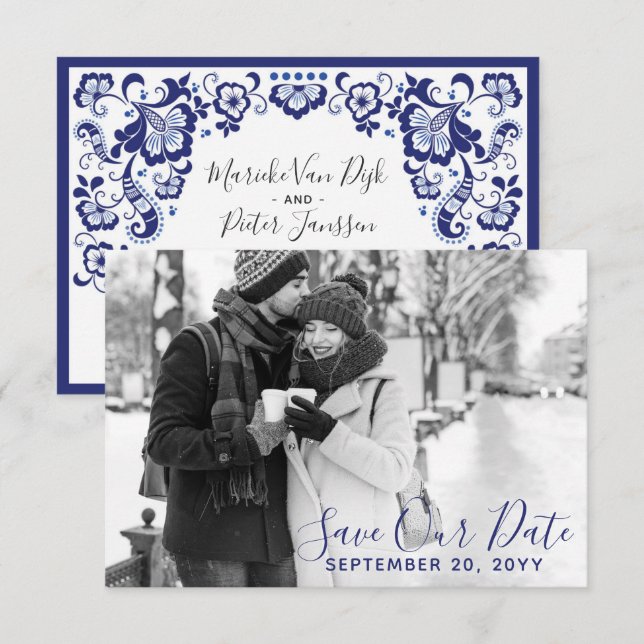 Convite Delfts Blauw | Foto de Save The Date Delft Blue (Frente/Verso)