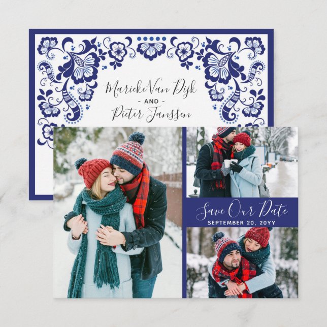 Convite Delfts Blauw | Fotos de Save The Date em Azul de D (Frente/Verso)