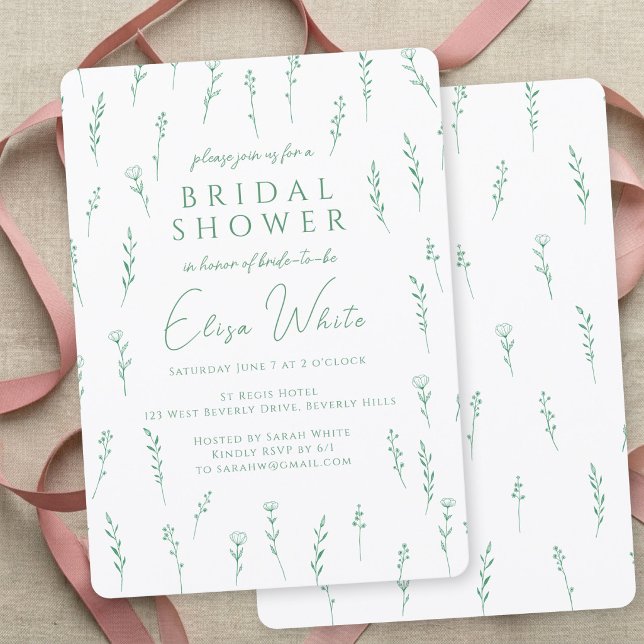 Convite Delicadas Flores Silvestres Espalhadas Chá de Bebê (Delicate Scattered Wildflowers Green Bridal Shower Invitation
)