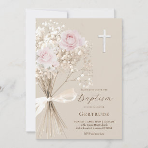 Convite delicadas rosas e buquê de gipsofila Batismo