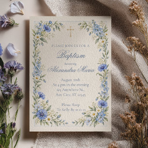 Convite Delicado Azul Floral Aguarela Batismo