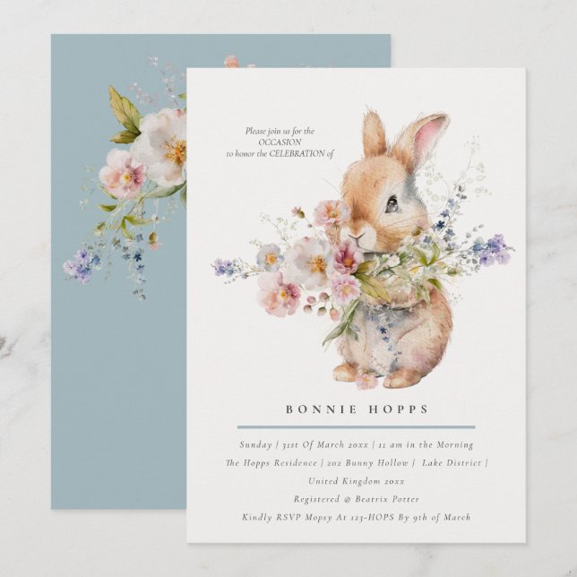 Convite Delicado Buquê Floral de Coelhinho da Primavera (Frente/Verso)