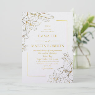 Convite Delicado Casamento Floral Elegante Branco e Dourad