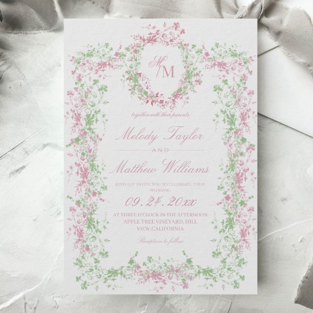Convite Delicado Crista de Flora Francesa Casamento (Criador carregado)
