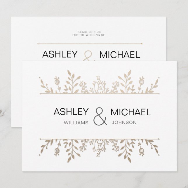 Convite Delicado de Casamento Chic Dourado Elegant (Frente/Verso)