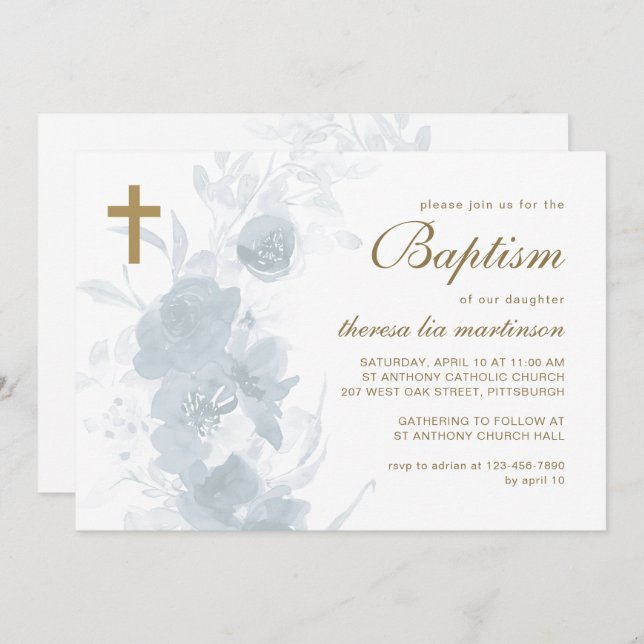Convite Delicado Floral com Batismo Cruzado (Frente/Verso)
