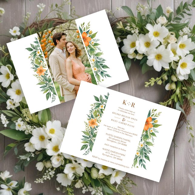 Convite Delicado Garland Azahar Orange Blossoms & Greenery (Decorative and Delicate Garland Azahar Orange Blossom & Greenery Photo Wedding Invitations Cards.)
