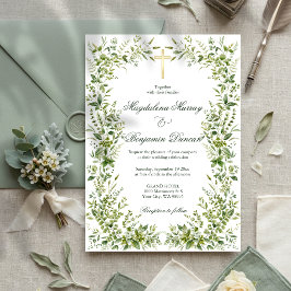 Convite Delicado Jardim Verde Cruz Cristã Casamento