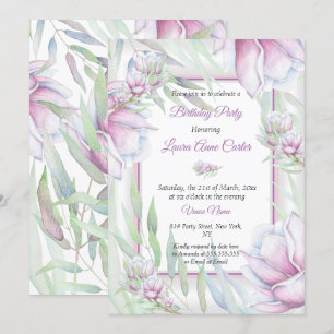 Convite Delicado Lilás Rosa Floral Aquarela Aniversário
