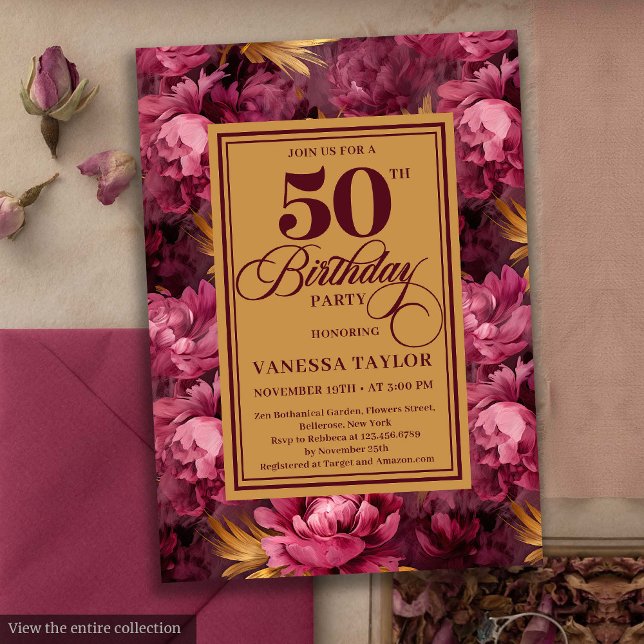Convite Delicado Merlot blush gold floral 50 anos (Delicate merlot blush gold floral 50th birthday invite

)