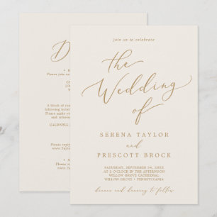 Convite Delicado Ouro Caligrafia Creme Tudo Em Um Casament