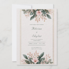 Convite Delicado Quadro Dourado Floral Rosa Enrubescido Ca