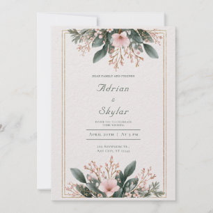 Convite Delicado Quadro Dourado Floral Rosa Enrubescido Ca