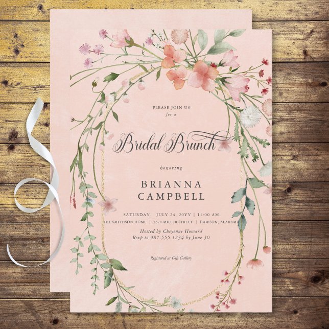Convite Delicados Flores Silvestres Rosa Rústico Brunch de (Delicate Pink Rustic Wildflowers Bridal Brunch Invitation)