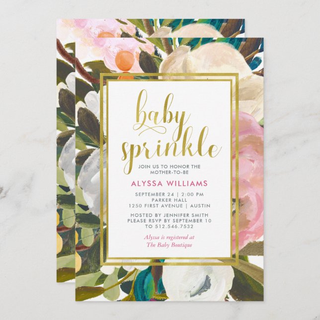 Convite Delicar Aquarela Floral | Baby Sprinkle (Frente/Verso)