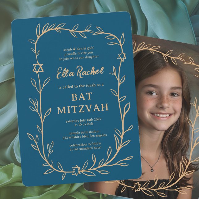 Convite Delicar Bar de FOTO PERSONALIZADO Botânico Bat Mit (Delicate Botanical CUSTOM PHOTO Bar Bat Mitzvah Girl Modern Invitation
)