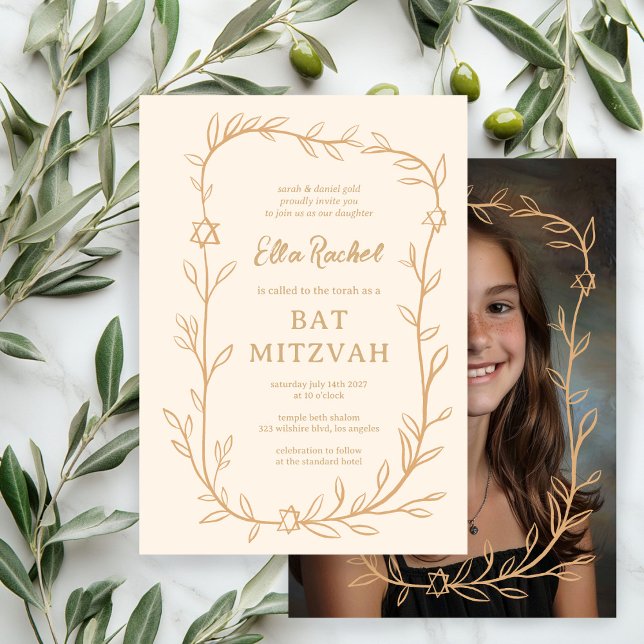 Convite Delicar Bar de FOTO PERSONALIZADO Botânico Bat Mit (Delicate Botanical CUSTOM PHOTO Bar Bat Mitzvah Invitation
)