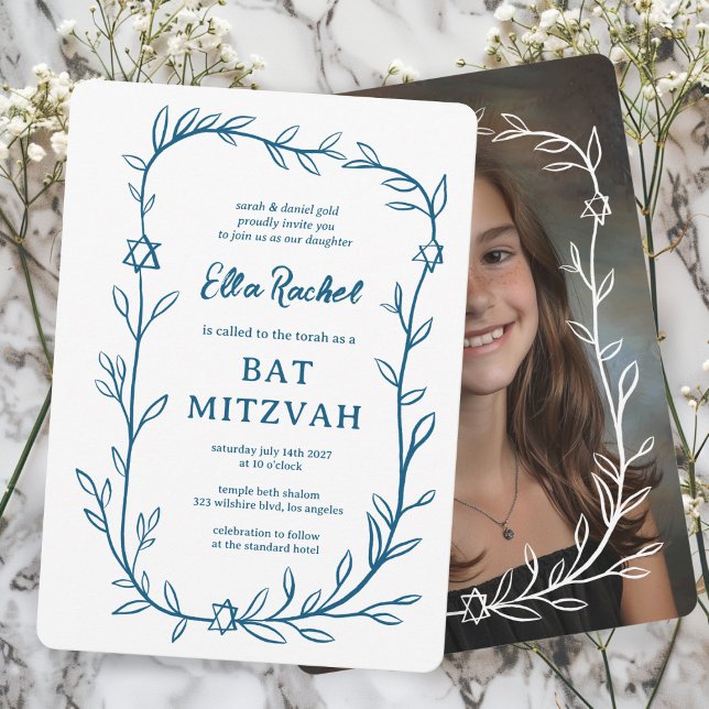 Convite Delicar Bar de FOTO PERSONALIZADO Botânico Bat Mit (Delicate Botanical Leafy Frame Star of David CUSTOM PHOTO Bar Bat Mitzvah Invitation Elegant Trendy)