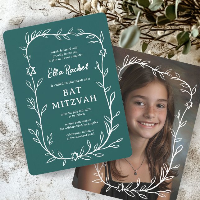 Convite Delicar Bar de FOTO PERSONALIZADO Botânico Bat Mit (Delicate Botanical CUSTOM PHOTO Bar Bat Mitzvah Invitation
)