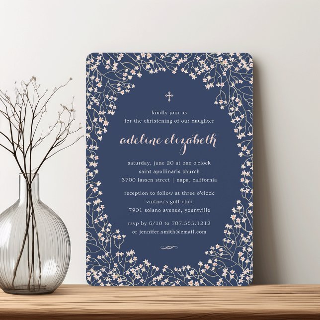 Convite Delicar Batismo Floral Cor-de-Rosa Esbranquiçada (Criador carregado)