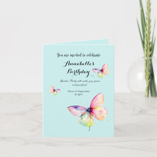 Convite Delicar borboleta rosa nas cores do cotovelo paste (Frente)