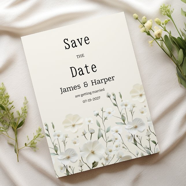 Convite Delicar branco marfim arranjo Guardar Data (Delicate ivory white floral arrange Save the Date)