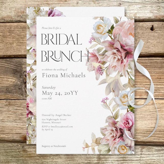 Convite Delicar Bridal Rosa Rosa Rosa Moderna e Lily (Delicate Modern Pink Rose & Lily Bridal Brunch Invitation)