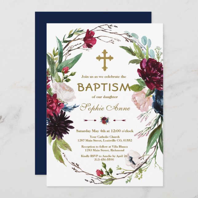 Convite Delicar Burgundy Blue Floral Wreath Girl Baptism (Frente/Verso)