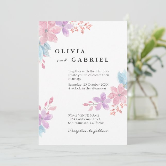 Convite Delicar casamento com flores de aquarela botânica (Em pé/Frente)