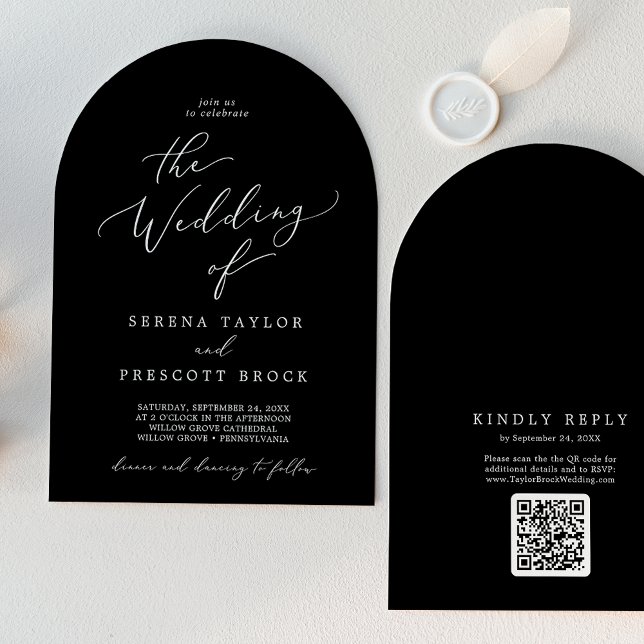 Convite Delicar Casamento de Arca de Boho Preto-Negro Escu (Delicate Dark Black QR Code Boho Arch Wedding Invitation)