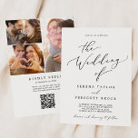 Convite Delicar Casamento de Código QR de Colagem de Foto<br><div class="desc">Este delicado convite de casamento por colagem de fotos pretas QR é perfeito para um casamento moderno. A design romântica minimalista apresenta uma magnífica e elegante tipografia negra num fundo branco com um aspecto simples e limpo. Personalize seu convite com 3 fotos de noivado no verso. Inclua um código QR...</div>