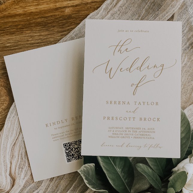 Convite Delicar Casamento de Código QR Dourado e Creme (Criador carregado)
