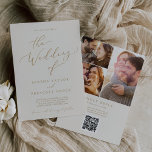 Convite Delicar Casamento de Código QR para Colagem de Fot<br><div class="desc">Este delicado convite de casamento por colagem de ouro e creme QR é perfeito para um casamento moderno. A design romântica minimalista apresenta uma magnífica e elegante tipografia amarela ouro champanhe num fundo de creme de marfim com um aspecto simples e limpo. Personalize seu convite com 3 fotos de noivado...</div>