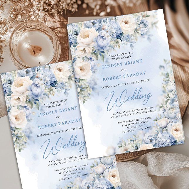 Convite Delicar casamento de flores azuis e brancas (Winter Watercolor blue and beige roses eucalyptus greenery wedding invitation digital)