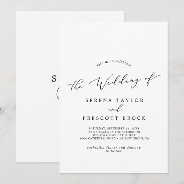 Convite Delicar Casamento De Monograma De Caligrafia Negra (Frente/Verso)