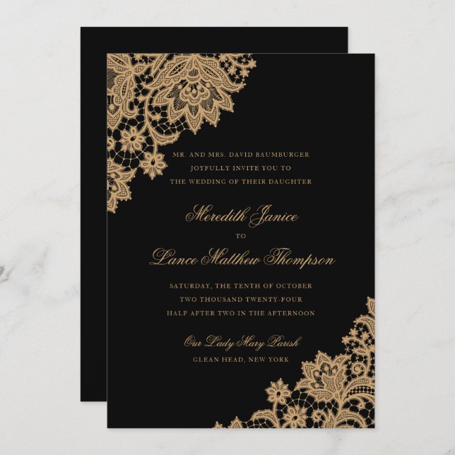 Convite Delicar Casamento Preto e Dourado do Canto Lace (Frente/Verso)