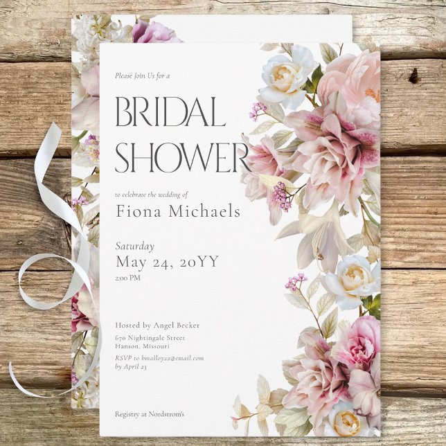Convite Delicar Chá de panela rosa e lírio moderno rosa (Delicate Modern Pink Rose & Lily Bridal Shower Invitation)